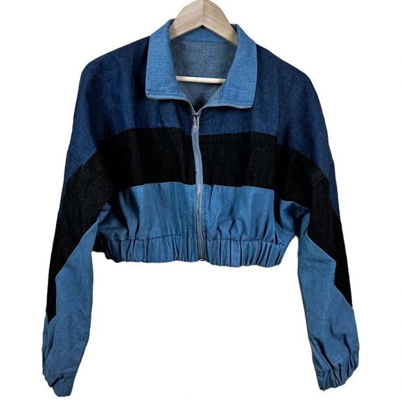 SHEIN • Cut And Sew Zip Up Crop Denim Jacket - Picture 4 of 9